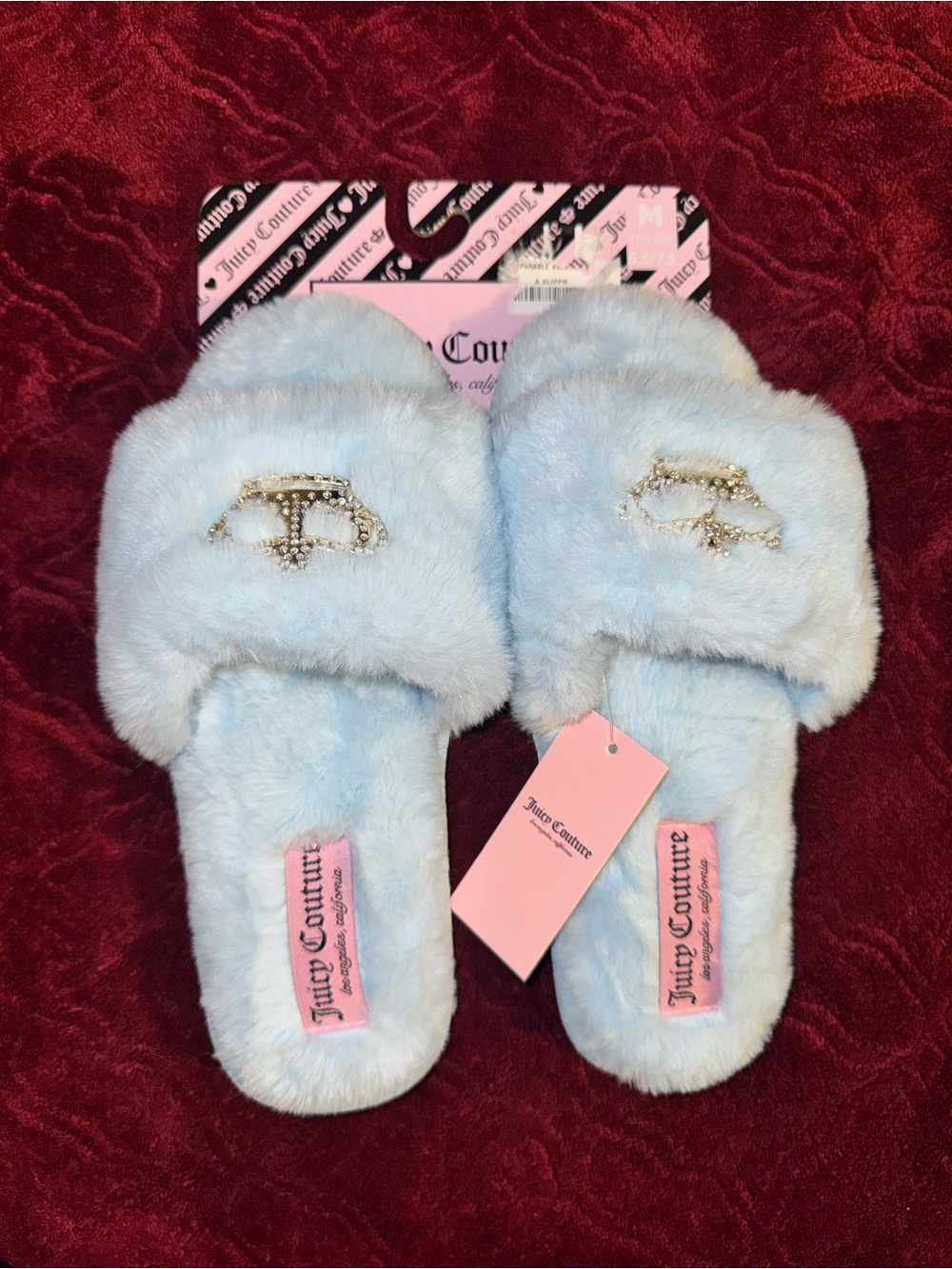Juicy Couture Pastel Blue Fuzzy Slide Slippers with Crystal JC Emblem